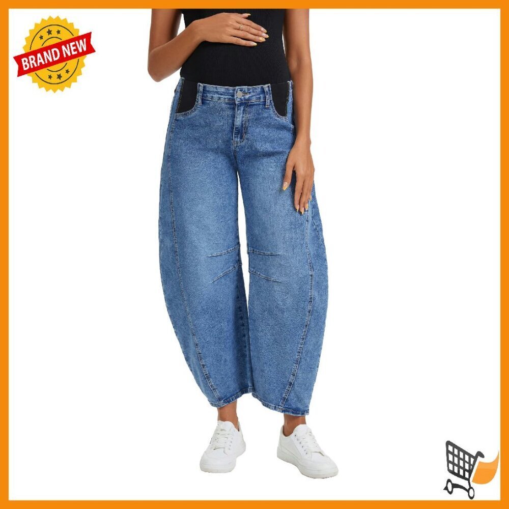 Maternity Barrel Jeans Stretch Denim Pants with Pockets Size S-XL